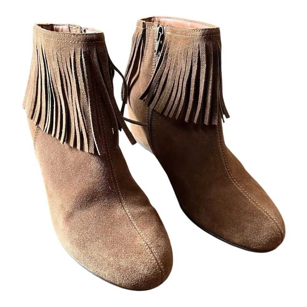 Comfortiva Riverton Brown Desert Tan Suede Leather Wedge Fringe Boot Size 8.5 M
